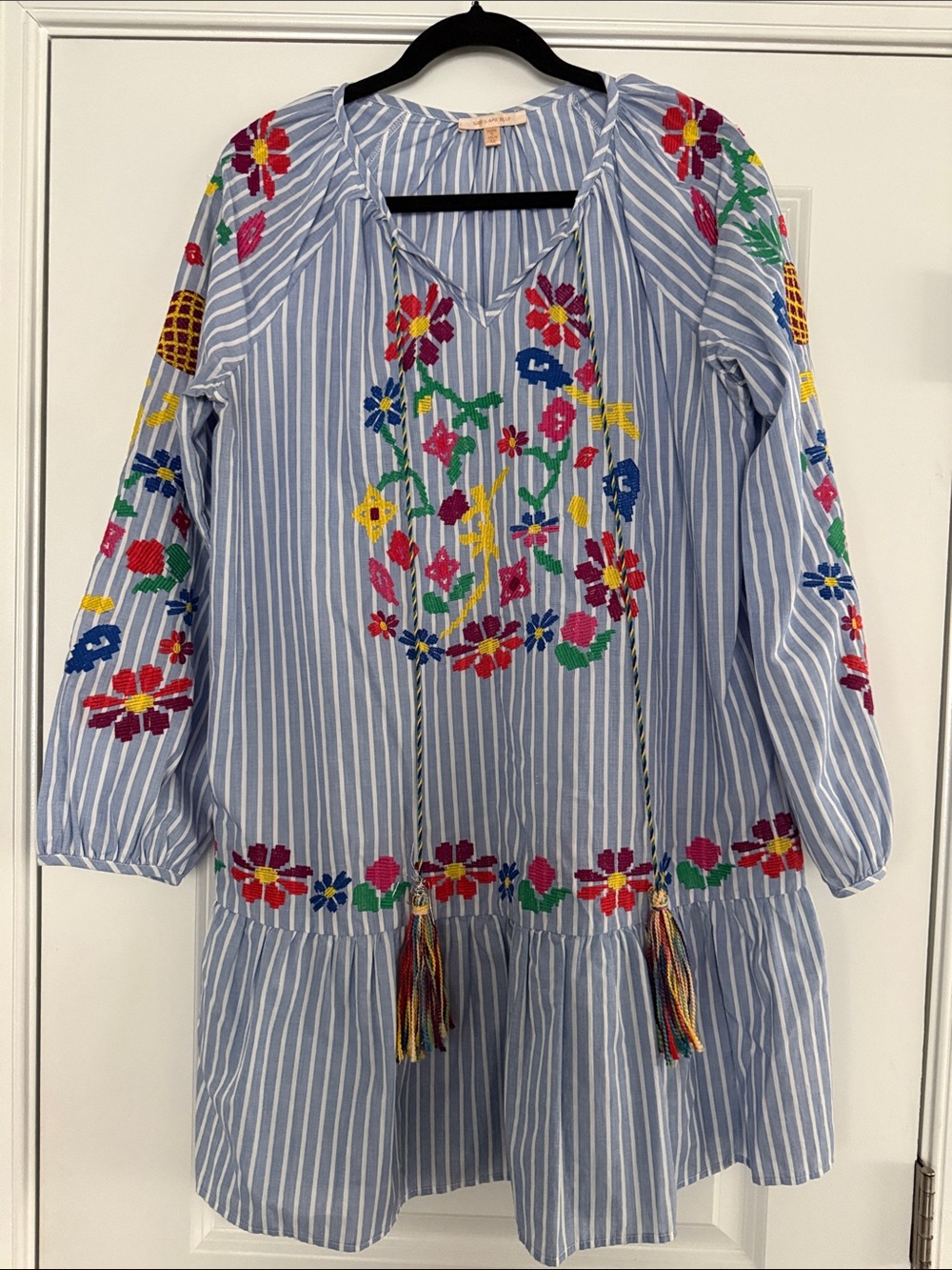 Skies Are Blue Light Blue & White Striped Embroidered Tassel Tunic Dress